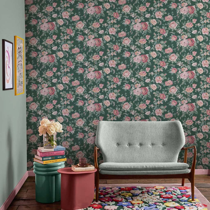 125502 - Cath Kidston - Cath Kidston Garden Rose Green Wallpaper - Decor Warehouse