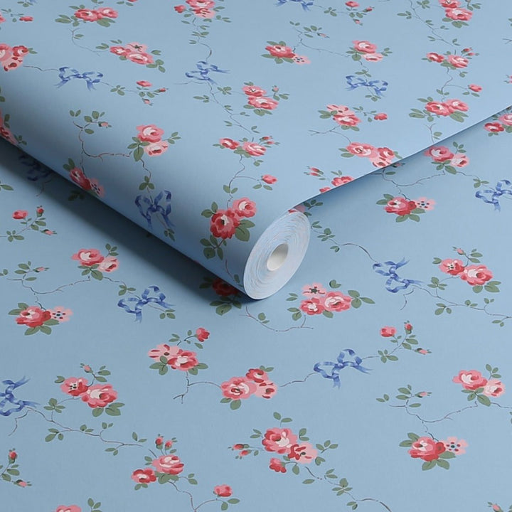 125513 - Cath Kidston - Cath Kidston Rose & Bows Blue Wallpaper - Decor Warehouse