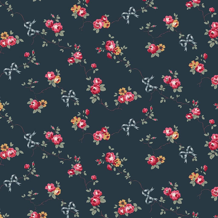 125512 - Cath Kidston - Cath Kidston Rose & Bows Navy Wallpaper - Decor Warehouse