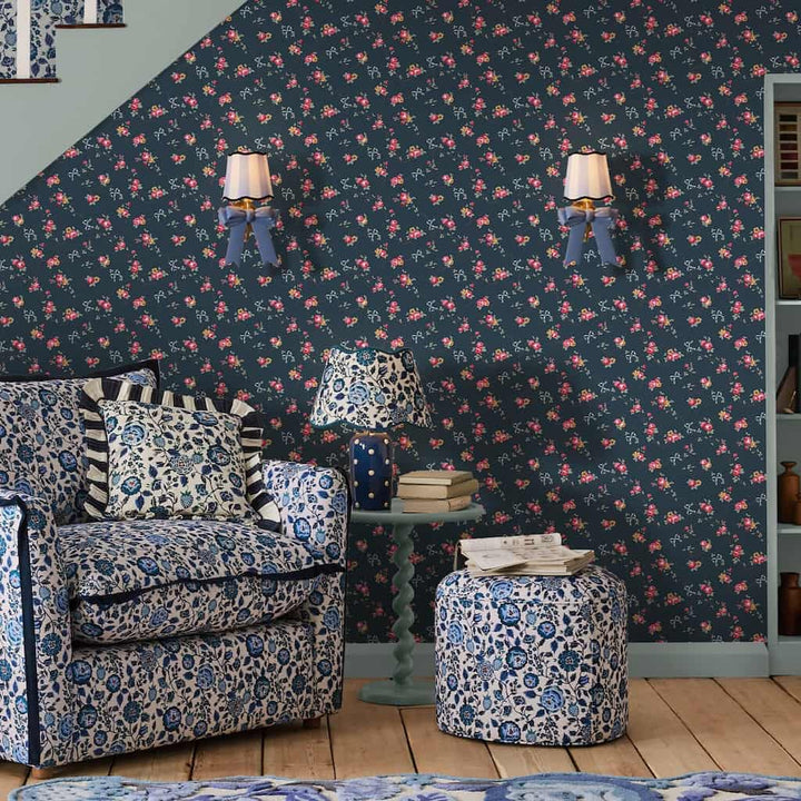 125512 - Cath Kidston - Cath Kidston Rose & Bows Navy Wallpaper - Decor Warehouse