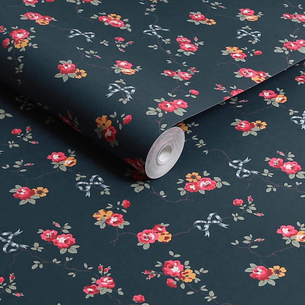 125512 - Cath Kidston - Cath Kidston Rose & Bows Navy Wallpaper - Decor Warehouse