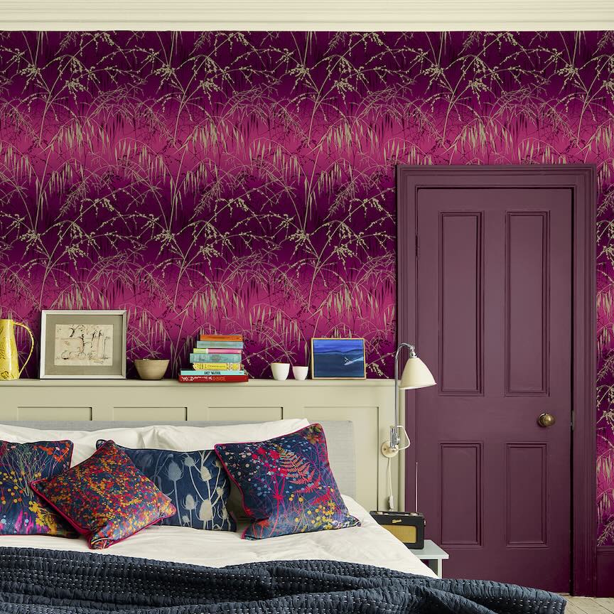 120396 - Clarissa Hulse - Clarissa Hulse Meadow Grass Damson & Soft Gold Wallpaper - Decor Warehouse