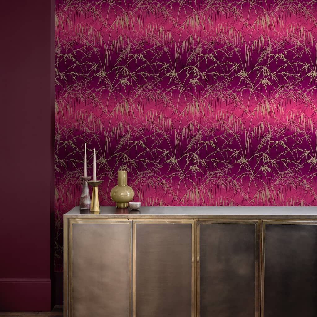 120396 - Clarissa Hulse - Clarissa Hulse Meadow Grass Damson & Soft Gold Wallpaper - Decor Warehouse