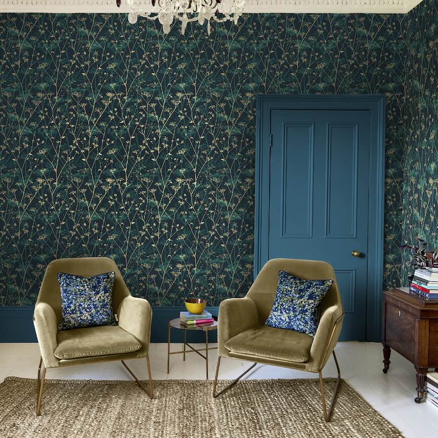 120394 - Clarissa Hulse - Clarissa Hulse Wild Chervil Kingfisher & Gold Wallpaper - Decor Warehouse