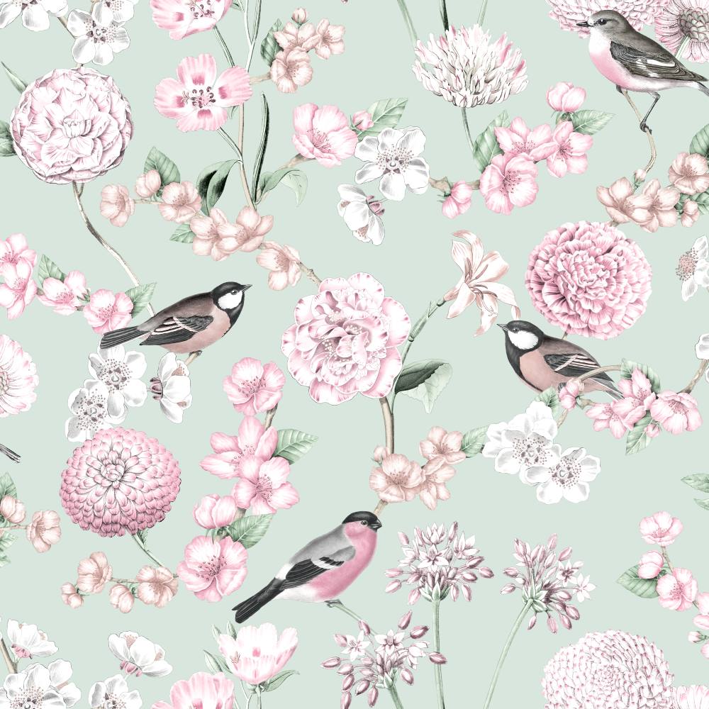 5030 - Debona - Debona Limoges Floral Green Birds Wallpaper - Decor Warehouse