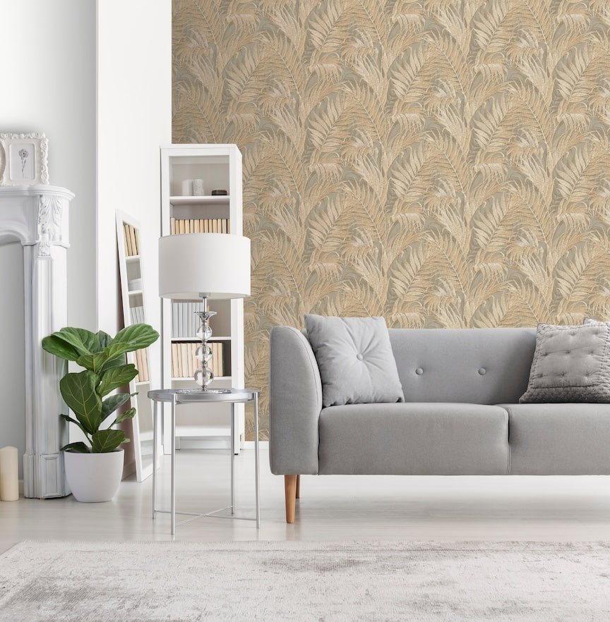 GR322105 - Design ID - Design ID Tropical Palm Leaf Sage Green & Gold Wallpaper - Decor Warehouse