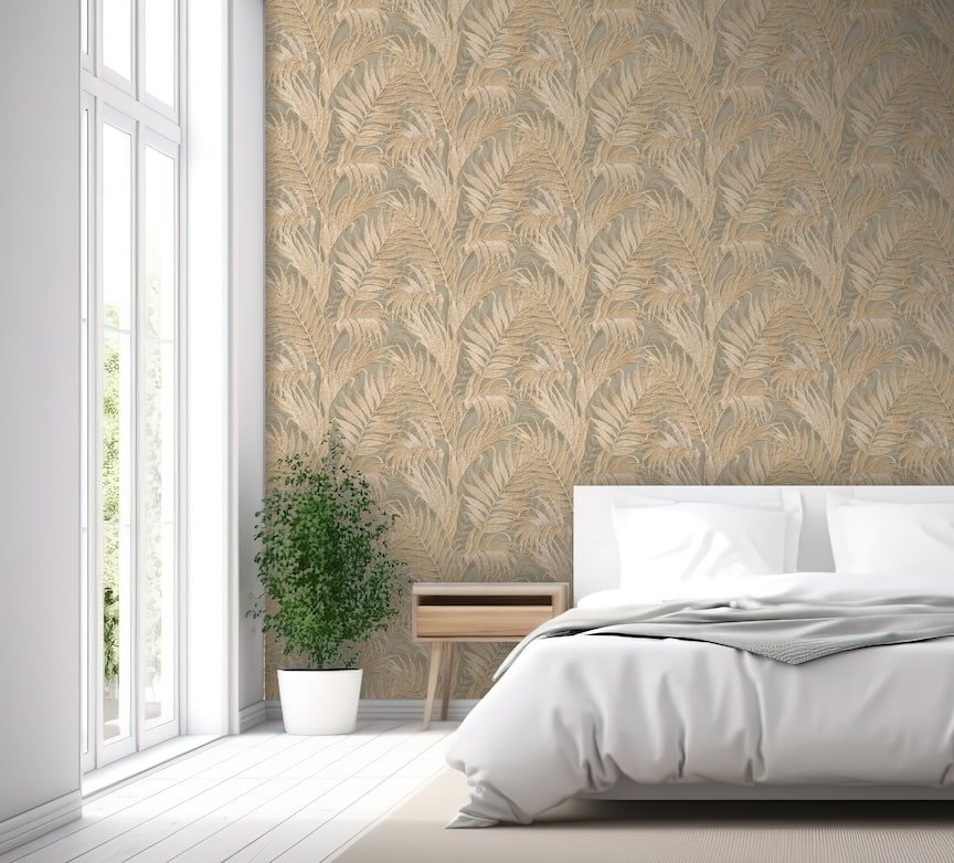 GR322105 - Design ID - Design ID Tropical Palm Leaf Sage Green & Gold Wallpaper - Decor Warehouse