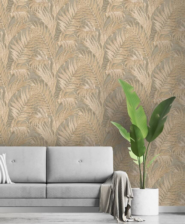 GR322105 - Design ID - Design ID Tropical Palm Leaf Sage Green & Gold Wallpaper - Decor Warehouse