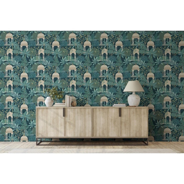 100014EH - Esselle Home - Esselle Exotic Pavilion Navy Wallpaper - Decor Warehouse