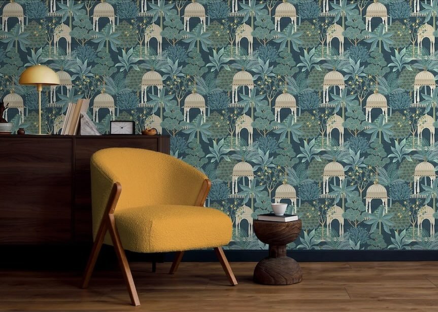 100014EH - Esselle Home - Esselle Exotic Pavilion Navy Wallpaper - Decor Warehouse