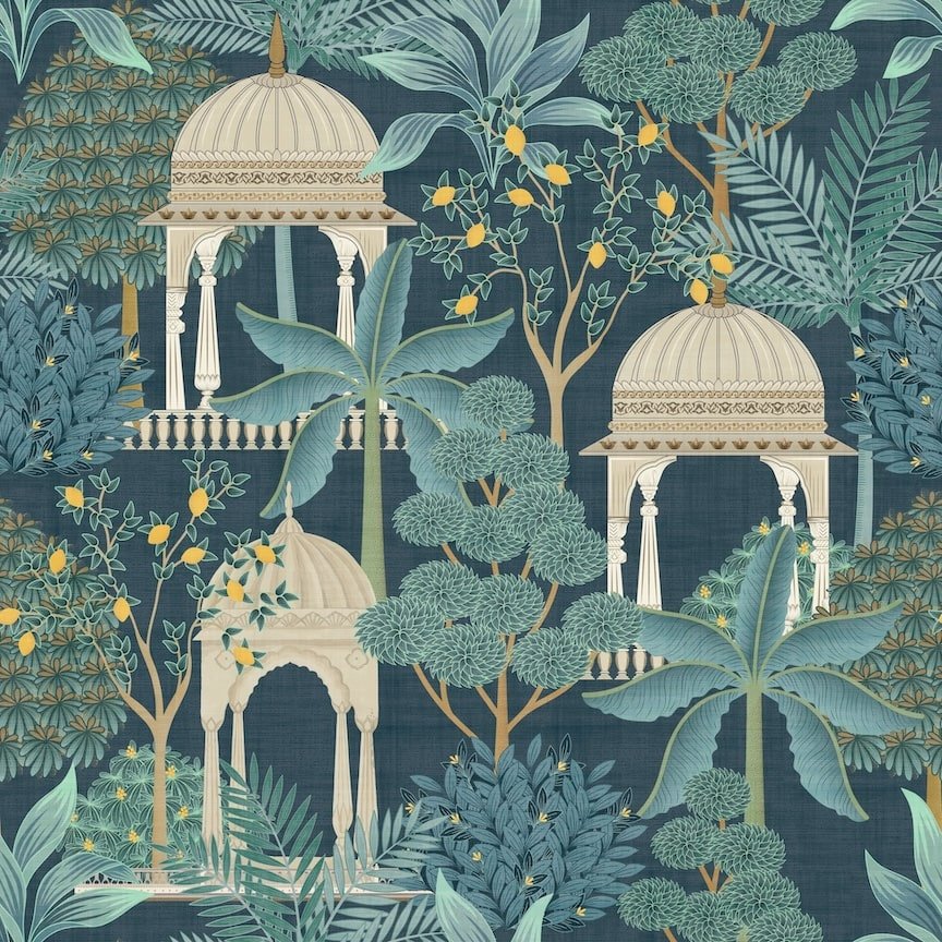 100014EH - Esselle Home - Esselle Exotic Pavilion Navy Wallpaper - Decor Warehouse