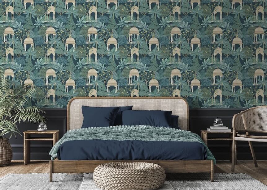 100014EH - Esselle Home - Esselle Exotic Pavilion Navy Wallpaper - Decor Warehouse