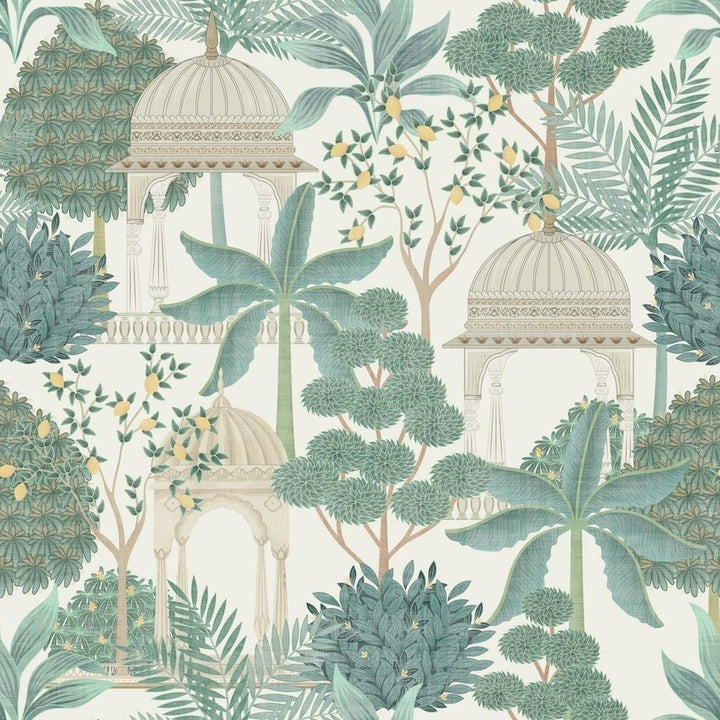 100015EH - Esselle Home - Esselle Exotic Pavilion Parchment/Green Wallpaper - Decor Warehouse