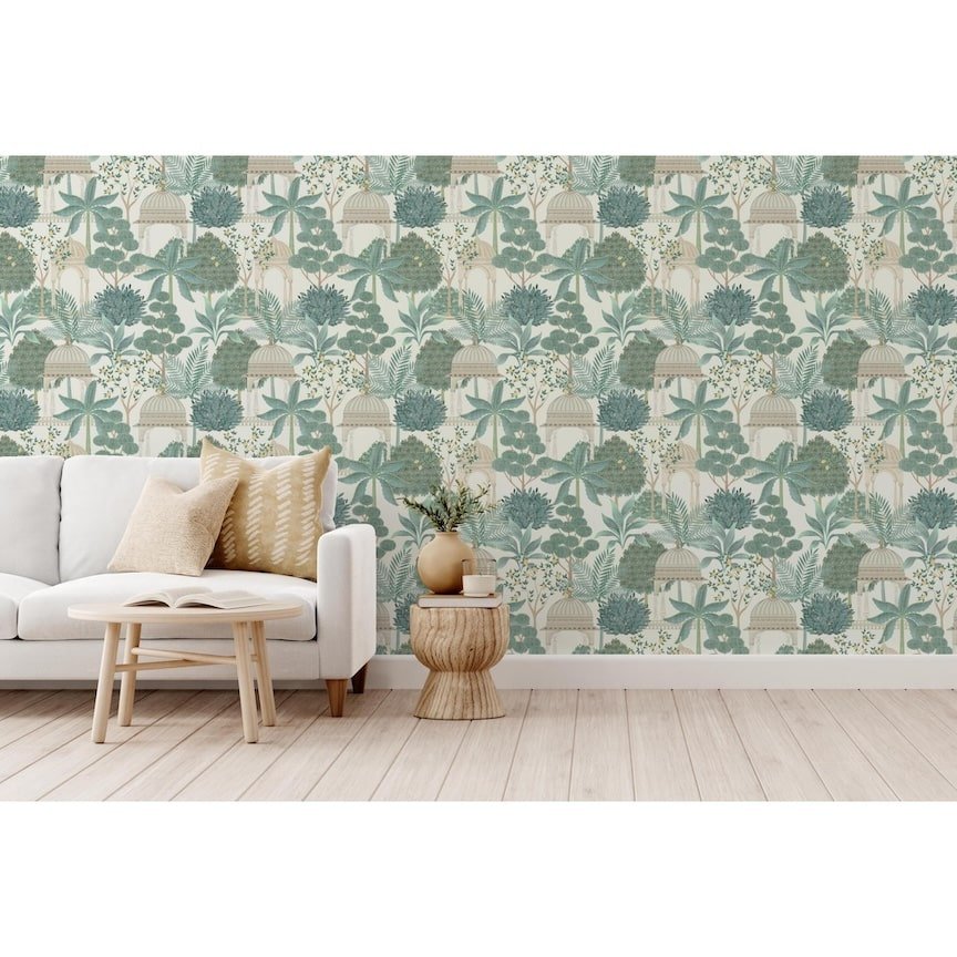 100015EH - Esselle Home - Esselle Exotic Pavilion Parchment/Green Wallpaper - Decor Warehouse