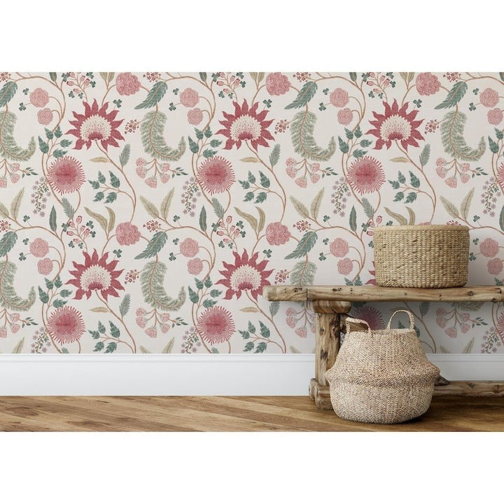 100016EH - Esselle Home - Esselle Fable Trail Linen/Raspberry/Green Wallpaper - Decor Warehouse