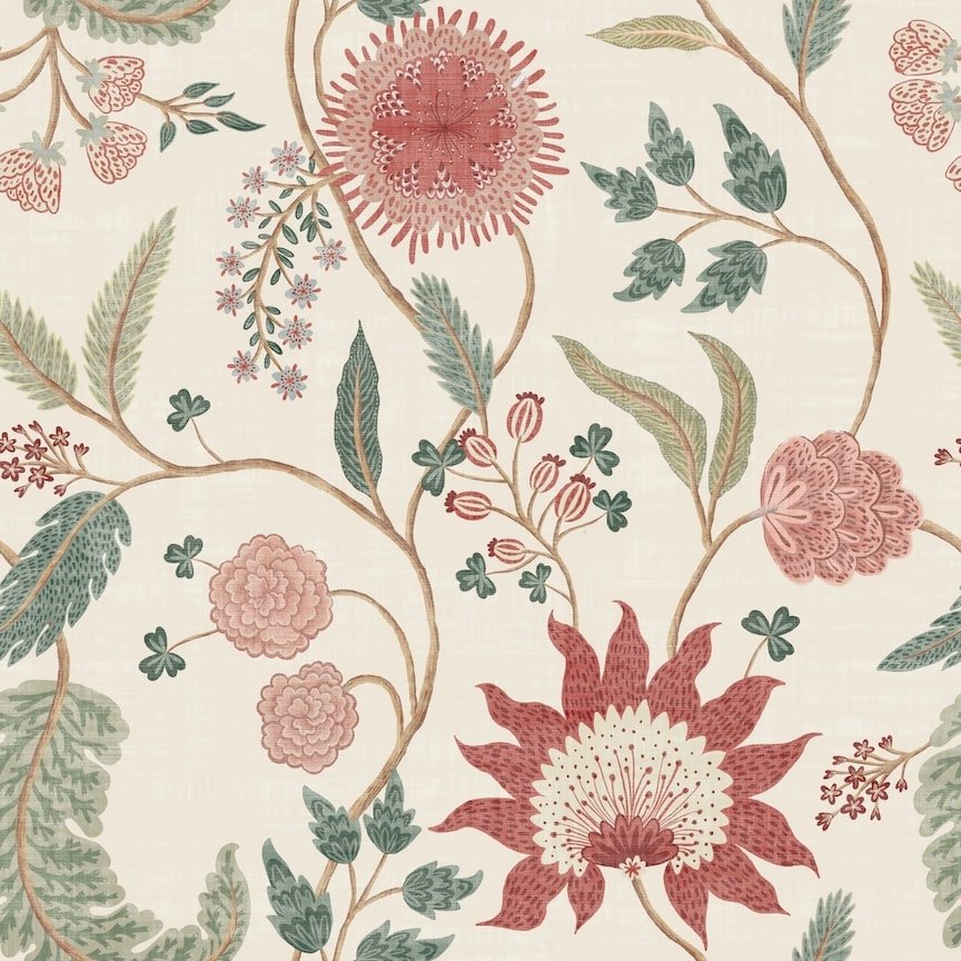 100016EH - Esselle Home - Esselle Fable Trail Linen/Raspberry/Green Wallpaper - Decor Warehouse