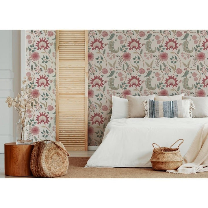 100016EH - Esselle Home - Esselle Fable Trail Linen/Raspberry/Green Wallpaper - Decor Warehouse