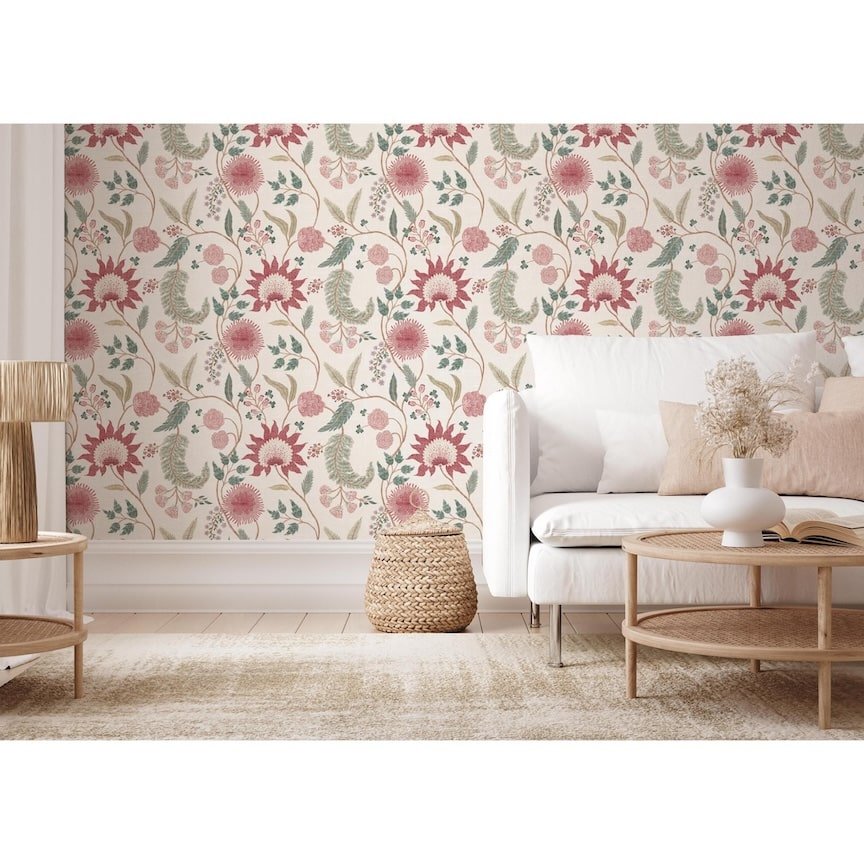 100016EH - Esselle Home - Esselle Fable Trail Linen/Raspberry/Green Wallpaper - Decor Warehouse