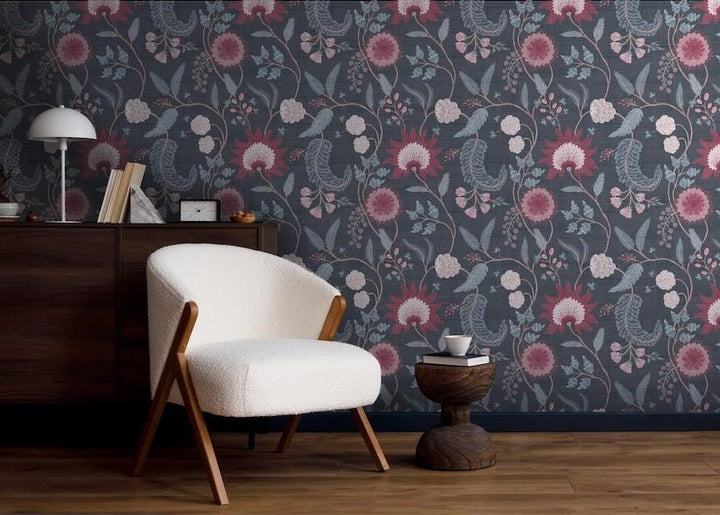 100017EH - Esselle Home - Esselle Fable Trail Navy/Berry Wallpaper - Decor Warehouse