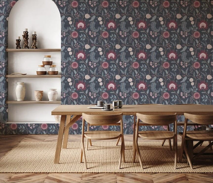 100017EH - Esselle Home - Esselle Fable Trail Navy/Berry Wallpaper - Decor Warehouse