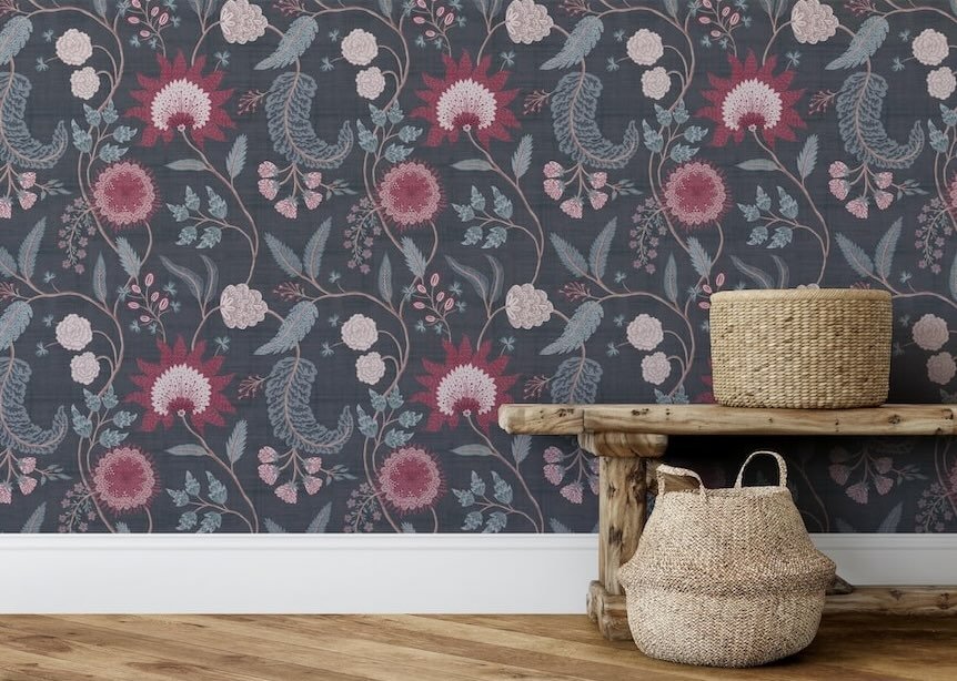 100017EH - Esselle Home - Esselle Fable Trail Navy/Berry Wallpaper - Decor Warehouse