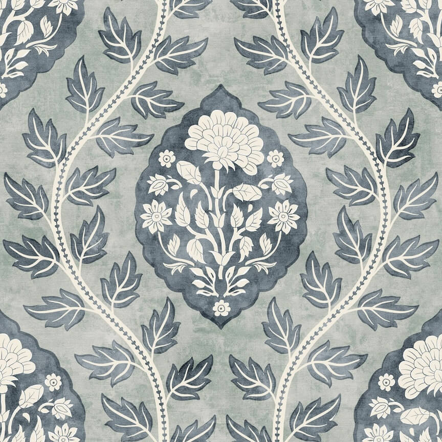 100019EH - Esselle Home - Esselle Floral Cartouche Slate Blue Wallpaper - Decor Warehouse