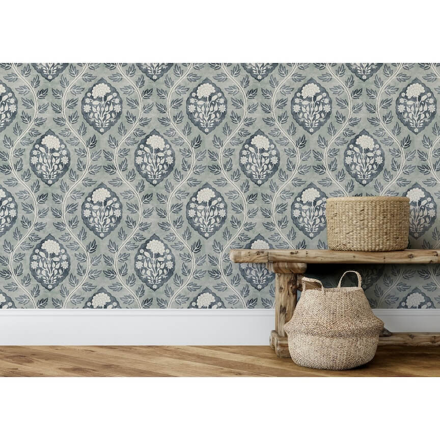 100019EH - Esselle Home - Esselle Floral Cartouche Slate Blue Wallpaper - Decor Warehouse