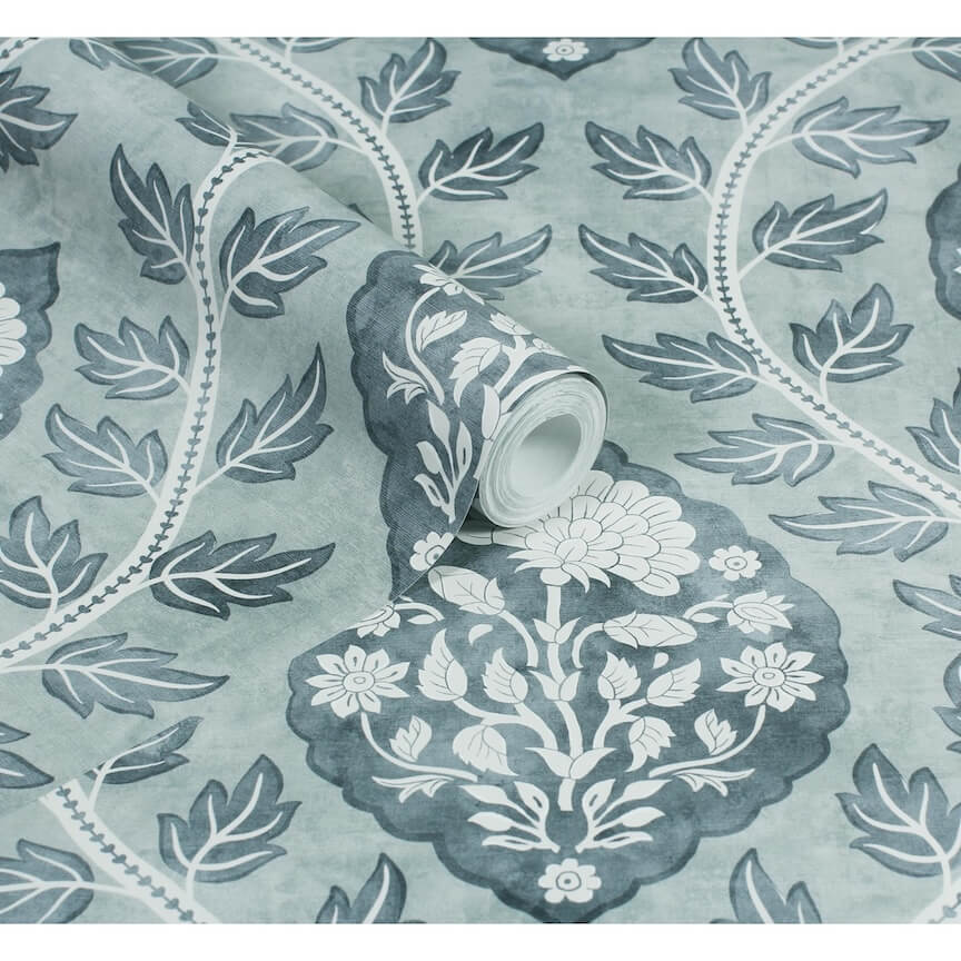 100019EH - Esselle Home - Esselle Floral Cartouche Slate Blue Wallpaper - Decor Warehouse