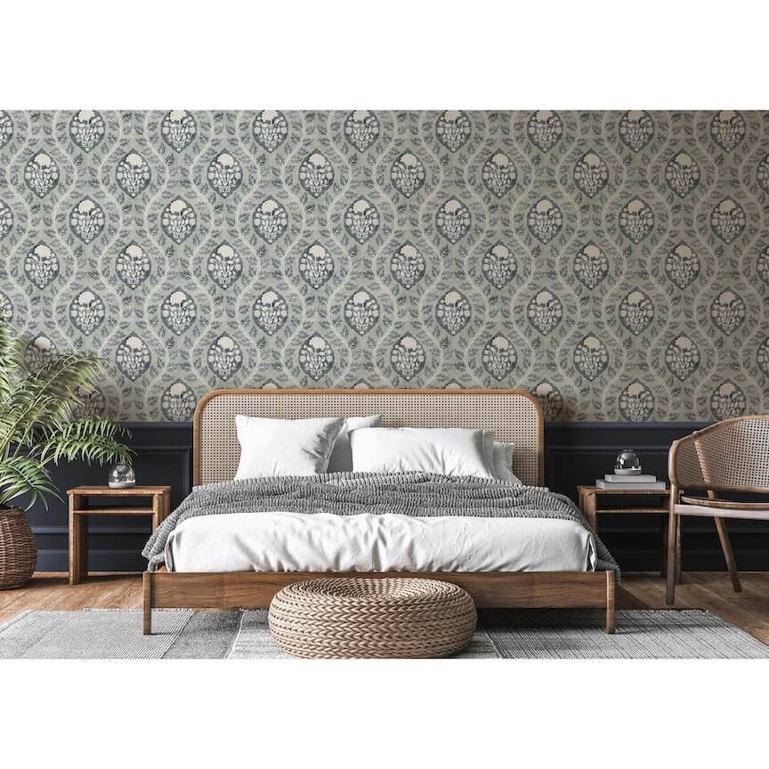 100019EH - Esselle Home - Esselle Floral Cartouche Slate Blue Wallpaper - Decor Warehouse