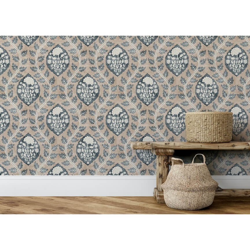 100020EH - Esselle Home - Esselle Floral Cartouche Stone Blue Wallpaper - Decor Warehouse