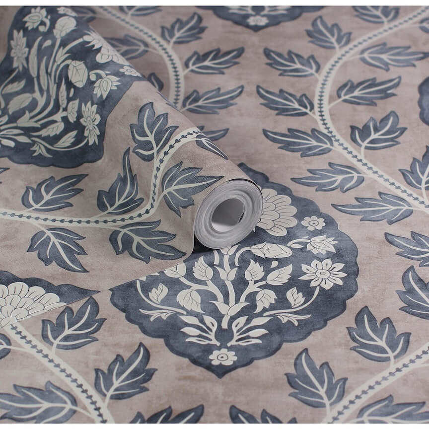 100020EH - Esselle Home - Esselle Floral Cartouche Stone Blue Wallpaper - Decor Warehouse