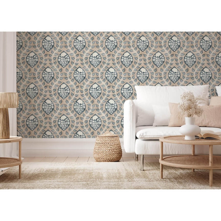 100020EH - Esselle Home - Esselle Floral Cartouche Stone Blue Wallpaper - Decor Warehouse