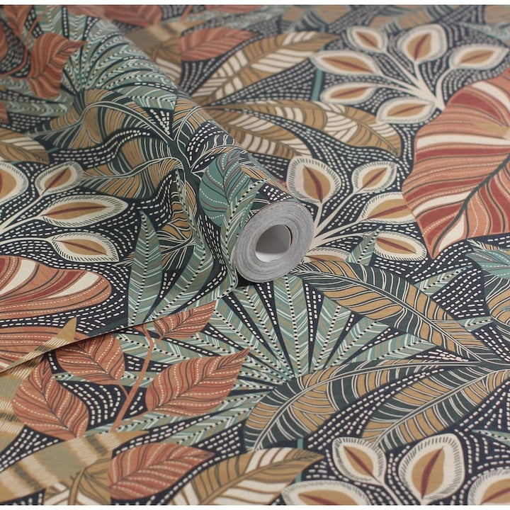 100032EH - Esselle Home - Esselle Kirra Leaf Navy/Spice Wallpaper - Decor Warehouse