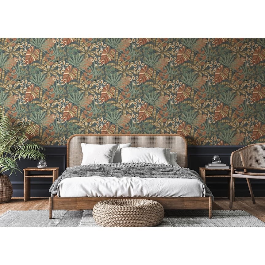 100032EH - Esselle Home - Esselle Kirra Leaf Navy/Spice Wallpaper - Decor Warehouse