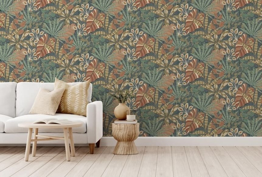 100032EH - Esselle Home - Esselle Kirra Leaf Navy/Spice Wallpaper - Decor Warehouse