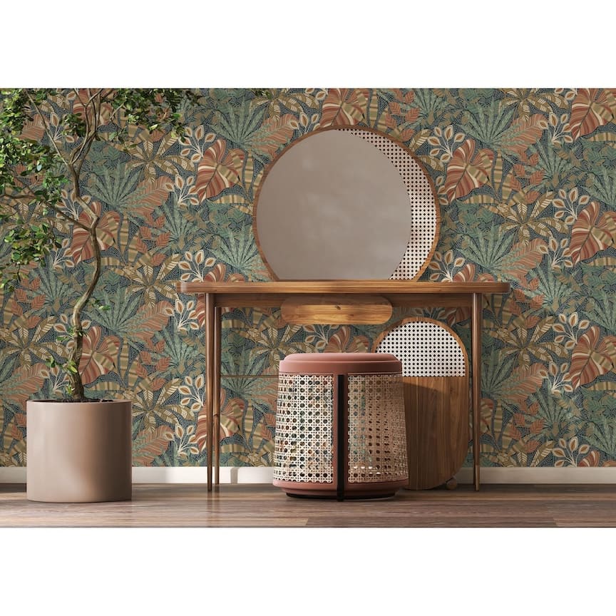 100032EH - Esselle Home - Esselle Kirra Leaf Navy/Spice Wallpaper - Decor Warehouse