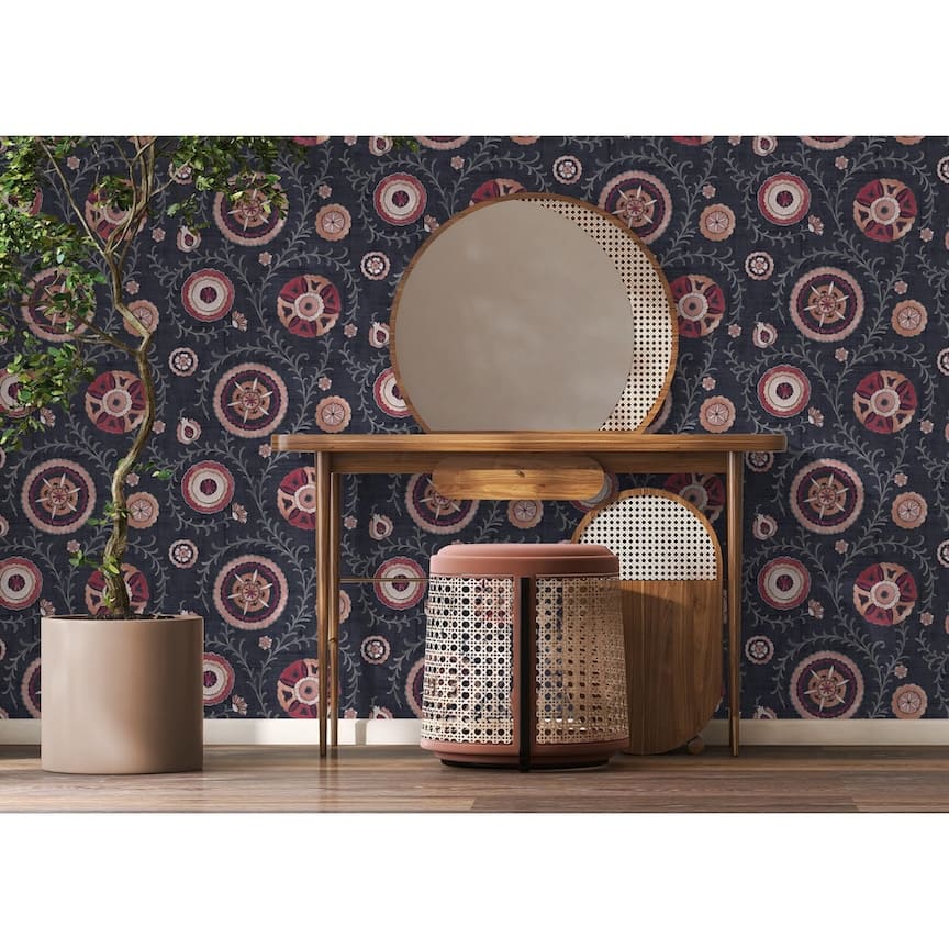 100033EH - Esselle Home - Esselle Nahlia Trail Navy/Berry Wallpaper - Decor Warehouse