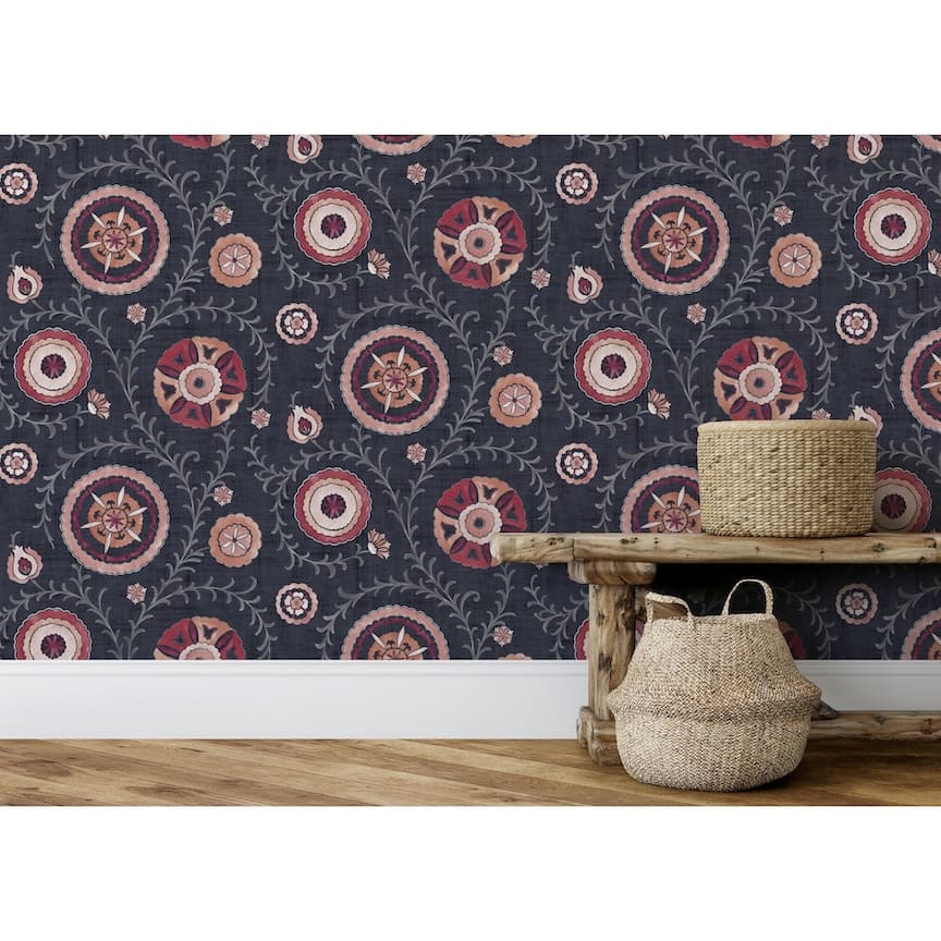 100033EH - Esselle Home - Esselle Nahlia Trail Navy/Berry Wallpaper - Decor Warehouse