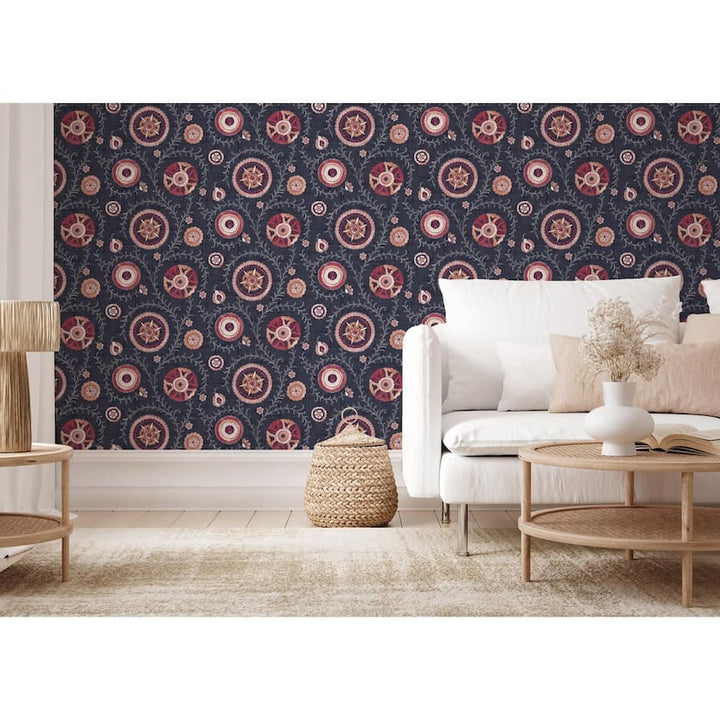 100033EH - Esselle Home - Esselle Nahlia Trail Navy/Berry Wallpaper - Decor Warehouse