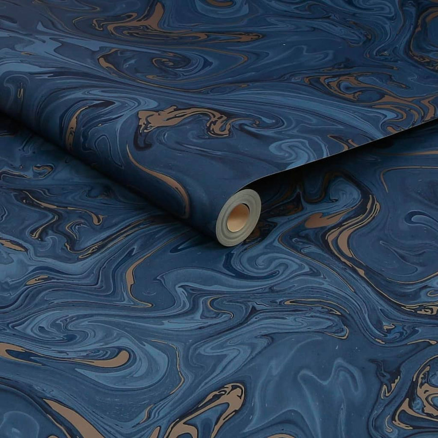 119559 - Fresco - Fresco Liquid Marble Navy/Gold Wallpaper - Decor Warehouse