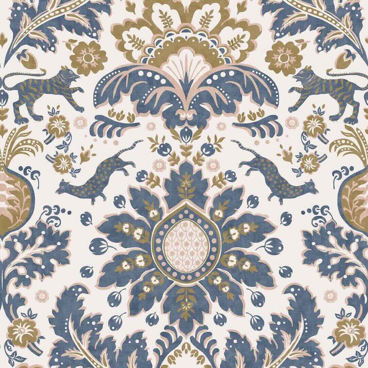 128944 - Joules - Joules Animal Damask Print Cream & Blue Wallpaper - Decor Warehouse