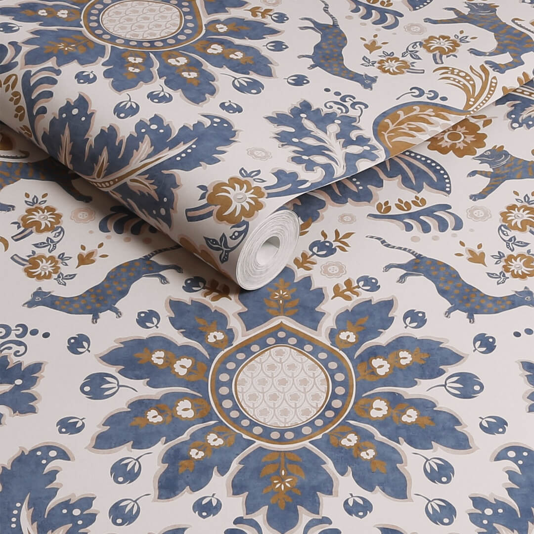 128944 - Joules - Joules Animal Damask Print Cream & Blue Wallpaper - Decor Warehouse