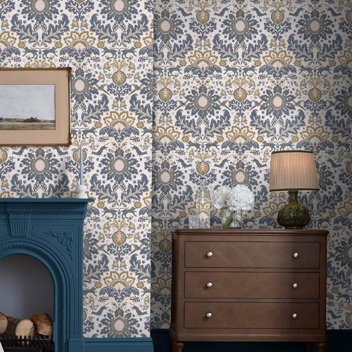 128944 - Joules - Joules Animal Damask Print Cream & Blue Wallpaper - Decor Warehouse