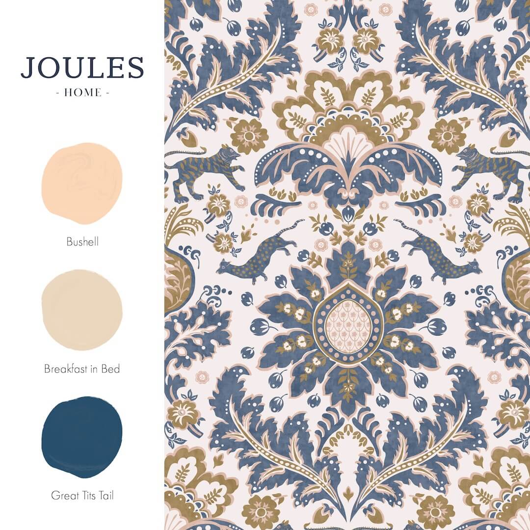 128944 - Joules - Joules Animal Damask Print Cream & Blue Wallpaper - Decor Warehouse