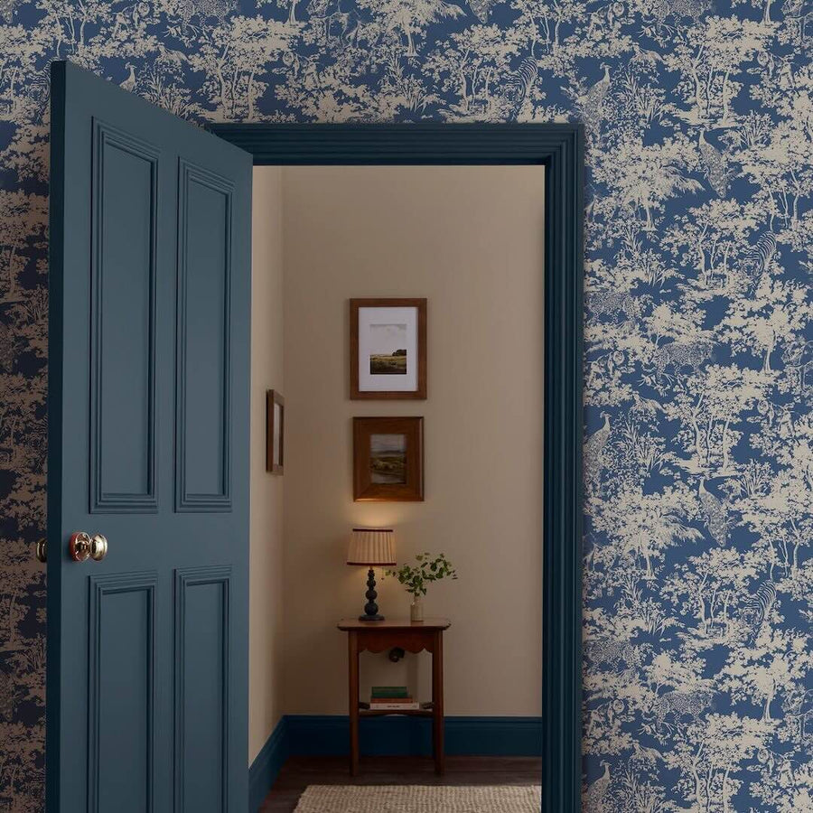 128950 - Joules - Joules Animal Forest Print Blue Wallpaper - Decor Warehouse