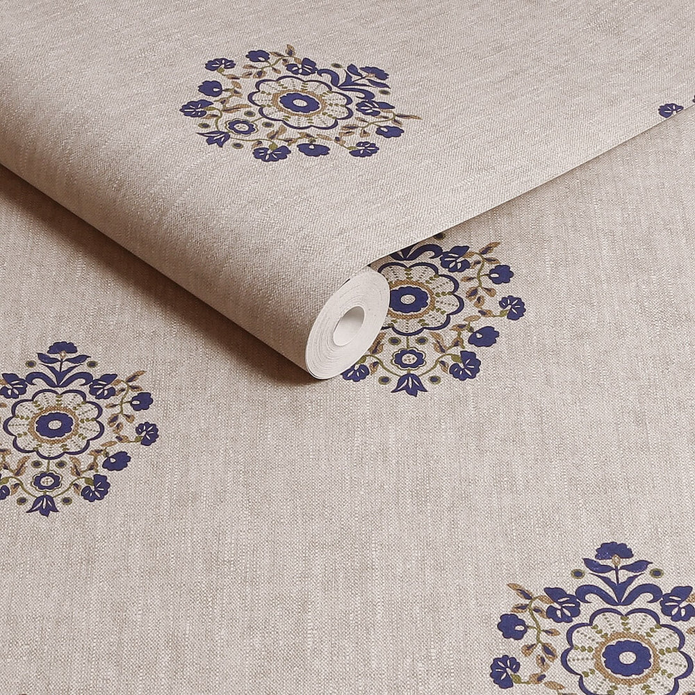 128941 - Joules - Joules Grove Motif Print Linen & Blue Wallpaper - Decor Warehouse