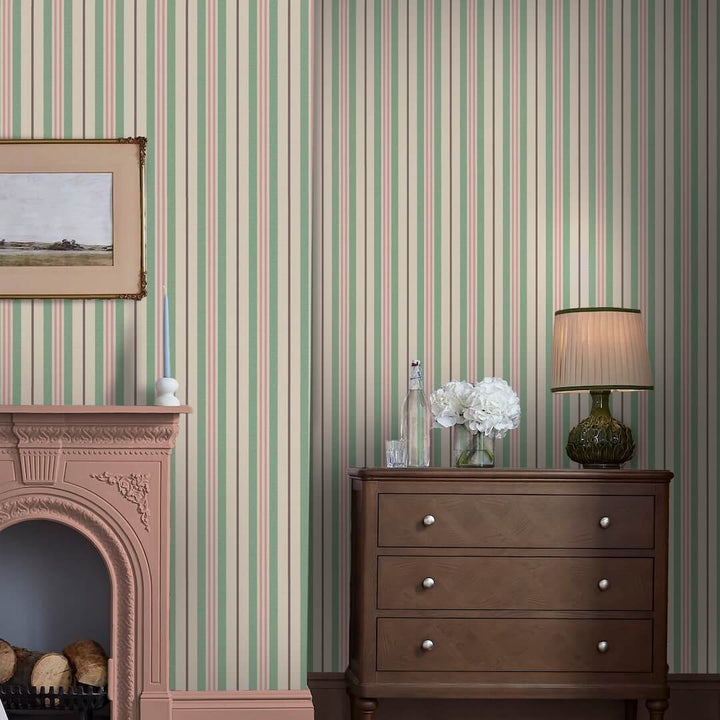 128923 - Joules - Joules Grove Stripe Pink & Green Wallpaper - Decor Warehouse