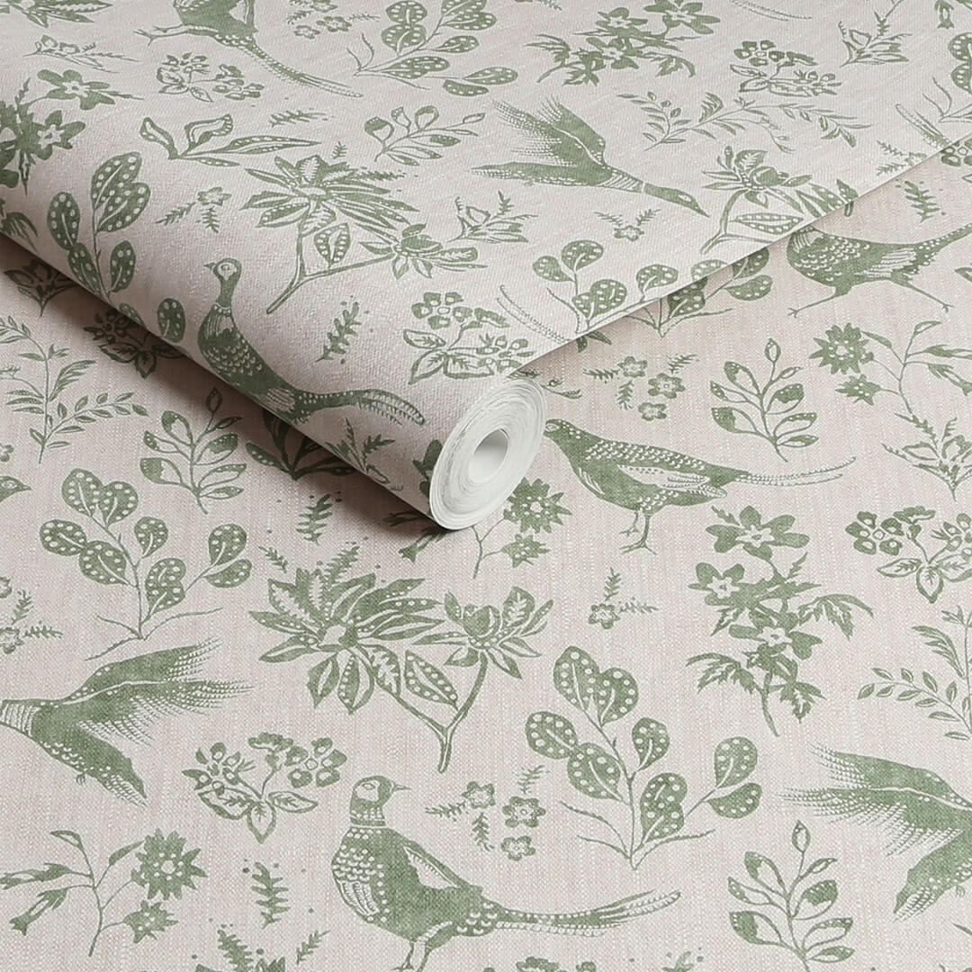 128920 - Joules - Joules Pheasant Print Linen & Green Wallpaper - Decor Warehouse