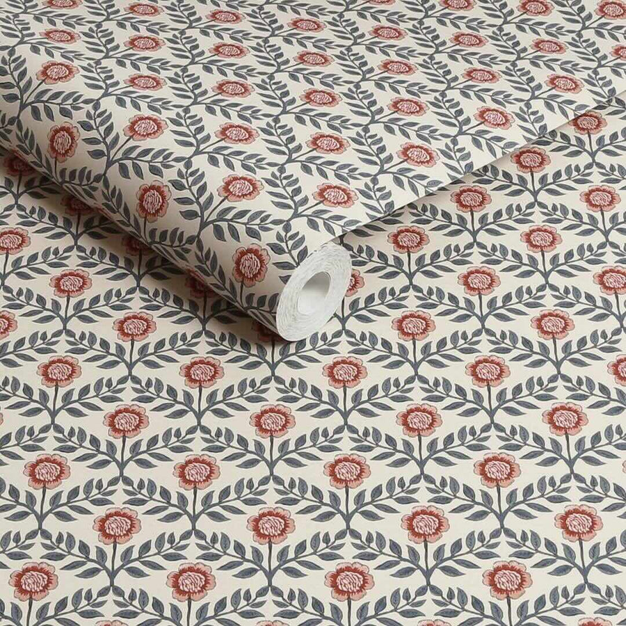 128956 - Joules - Joules Stately Floral Print Cream & Blue Wallpaper - Decor Warehouse