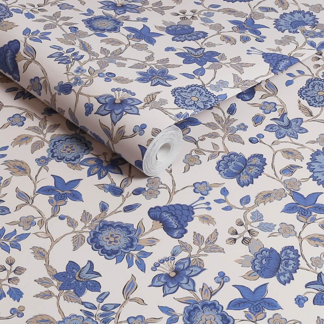 128932 - Joules - Joules Trailing Scot Cream & Blue Wallpaper - Decor Warehouse